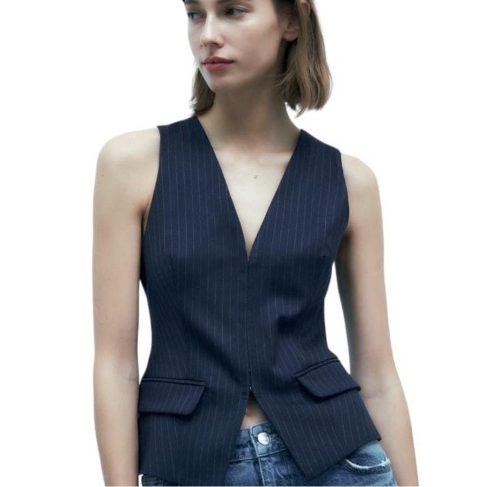 NWT Zara Pin Striped Vest Sea Blue V-neck White Navy Blue Business Casual